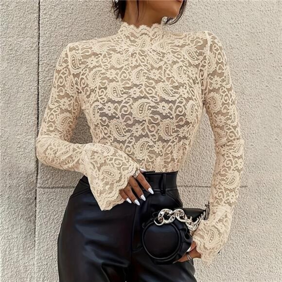 Tops - Womens Sexy Sheer Lace T Shirt Tops High Neck Long Sleeve Party Floral Blouse